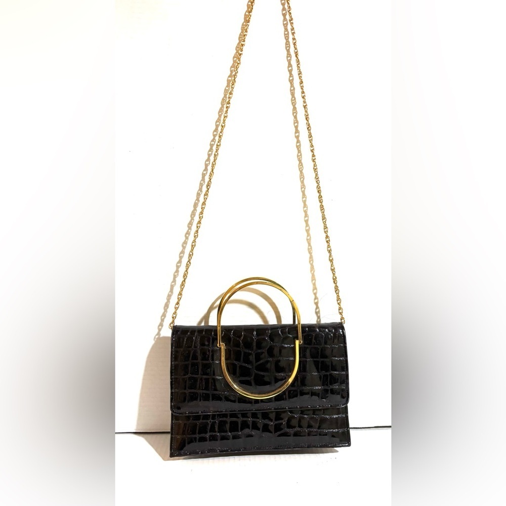 Black Croc-Embossed Patent leather Top-Handle Bag with Gold Hardware